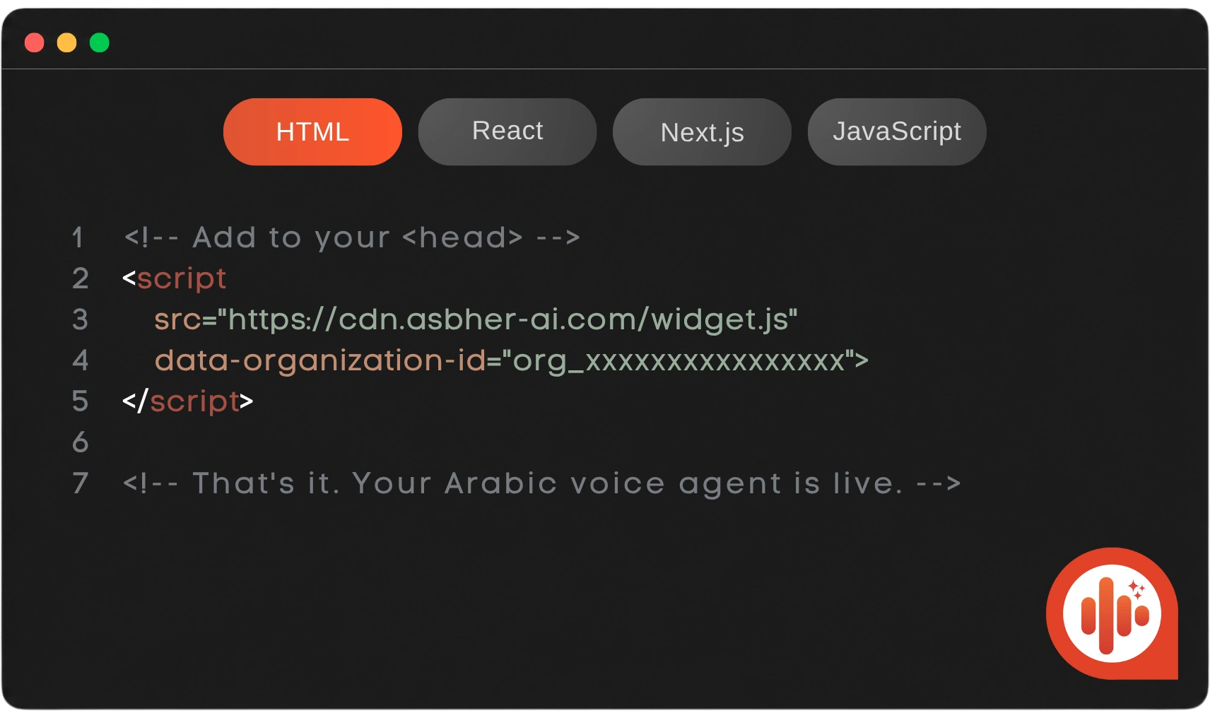 Absher AI widget install snippet with HTML, React, Next.js and JavaScript tabs